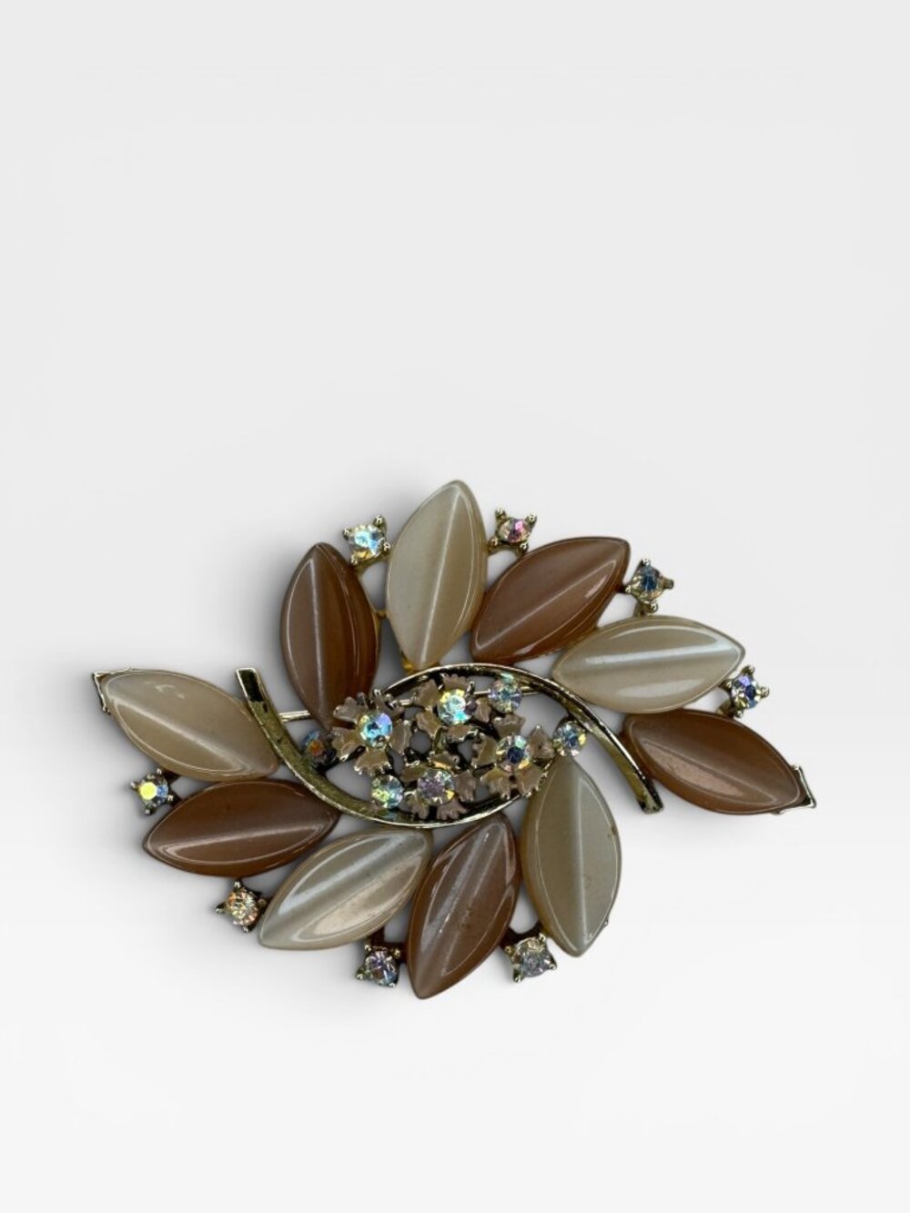 Lisner Lucite Leaf Brooch AB Crystal Floral Spray Pin Gold Tone